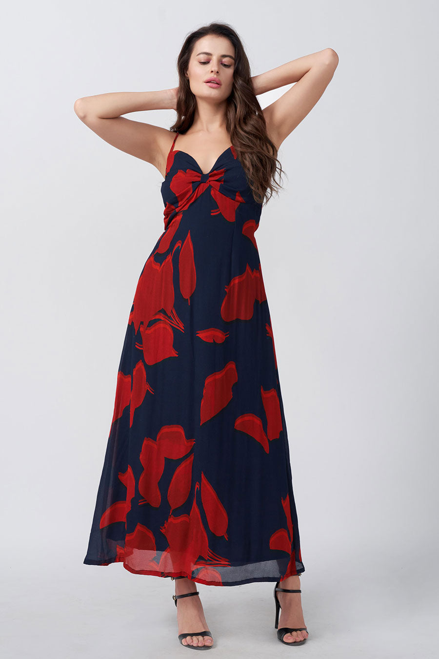 Red & Blue Printed Ruched Long Dress