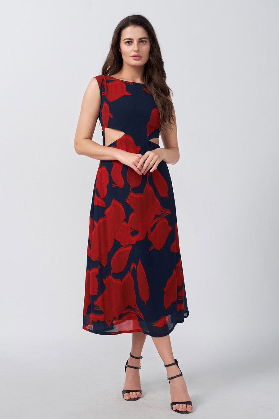 Red & Blue Printed Cut-Out Midi Dress