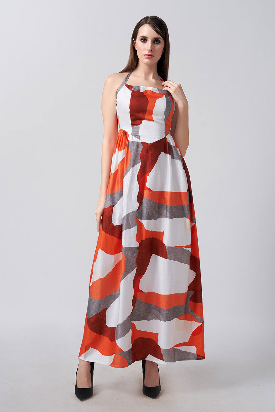 Orange Abstract Printed Long Dress