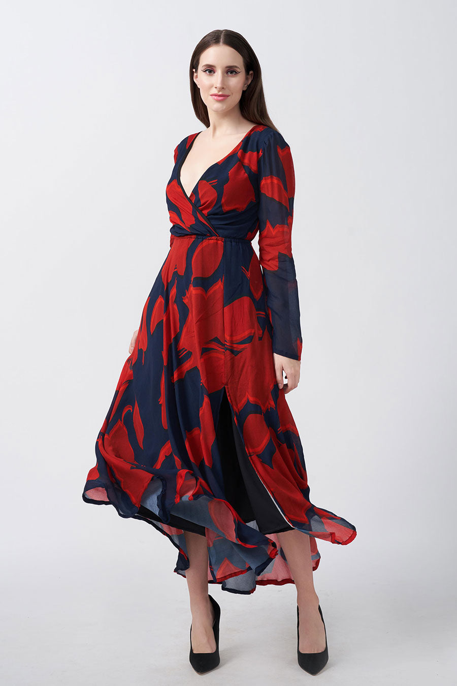 Red & Blue Printed Overlap Long Dress
