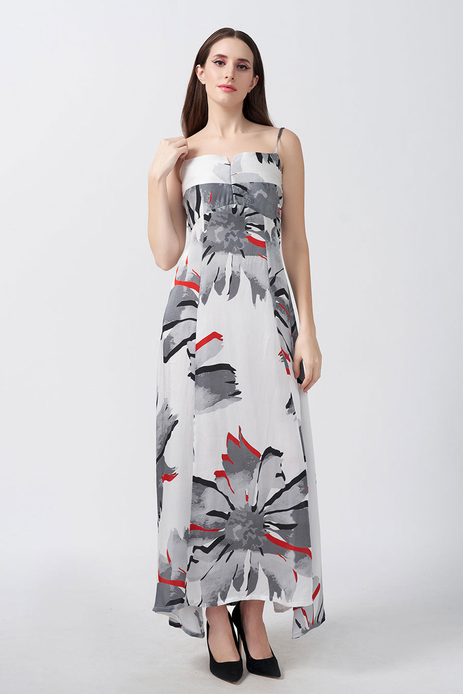 White Floral Printed Strap Long Dress