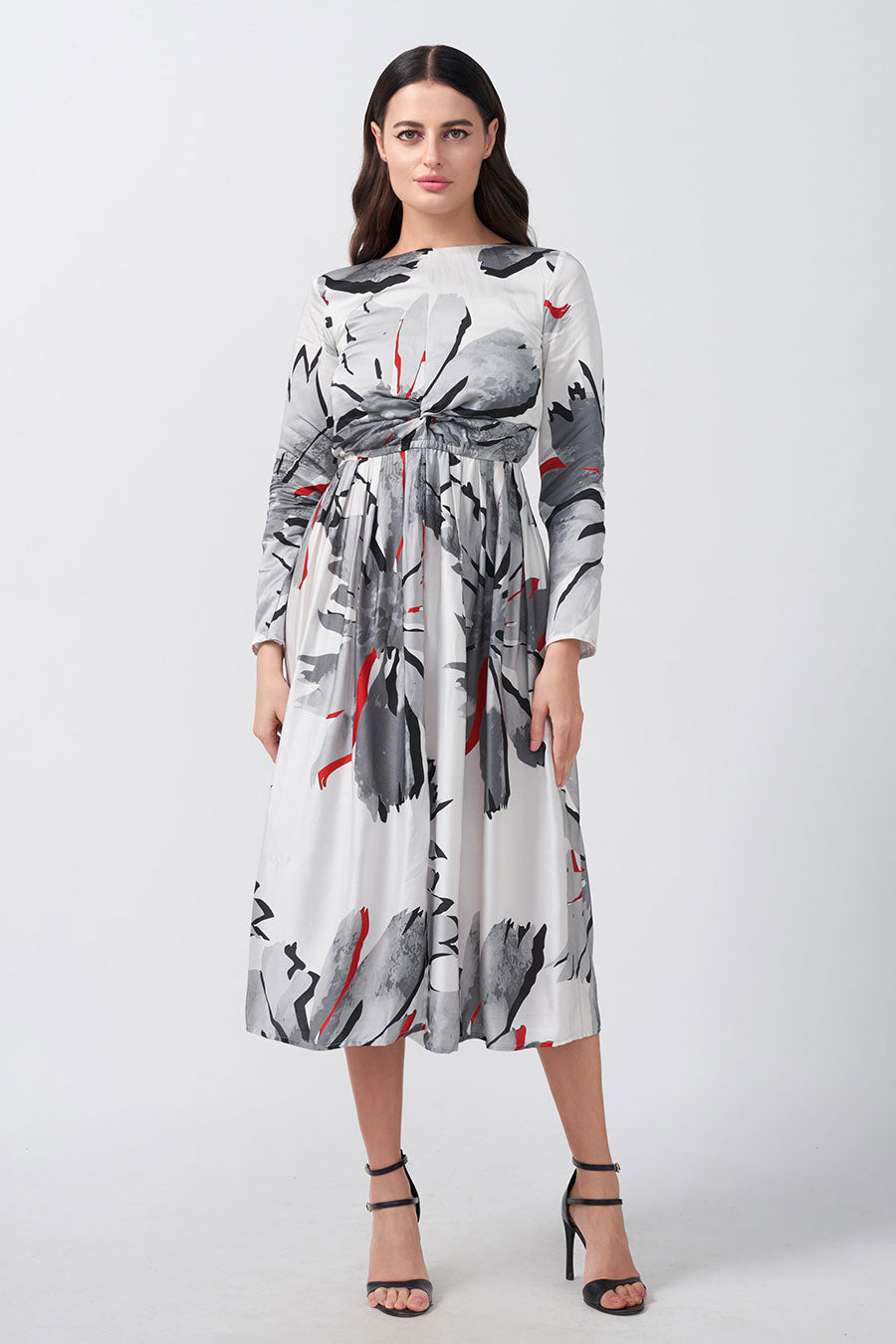 White Floral Printed Knotted Midi Dress