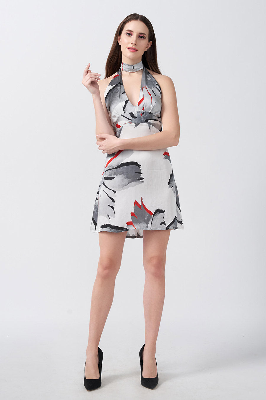 White Floral Printed Short Dress