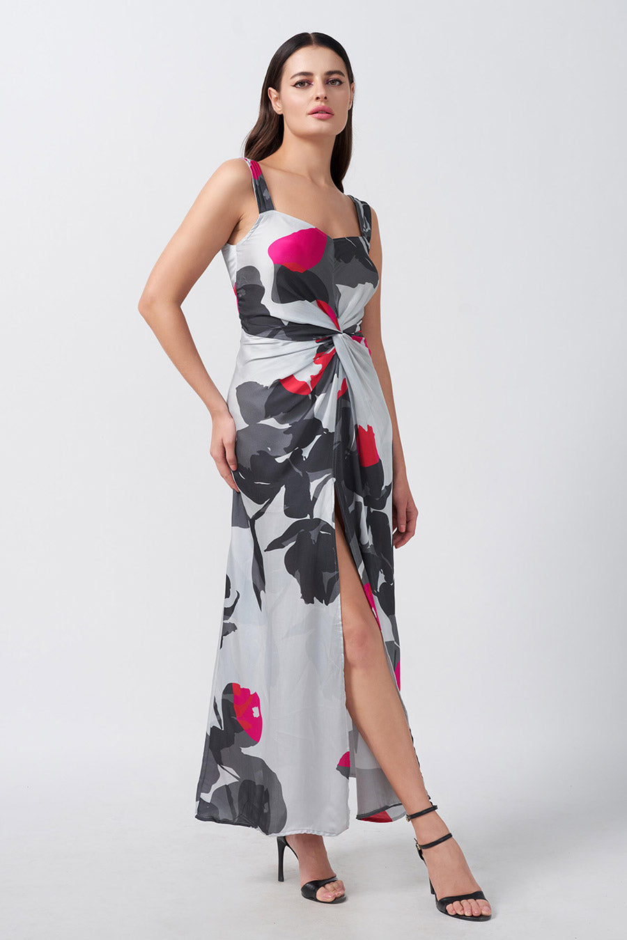 Multicolour Printed Knotted Long Dress