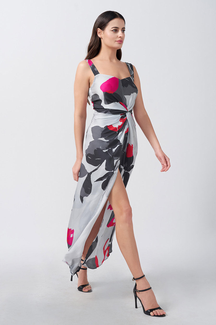 Multicolour Printed Knotted Long Dress