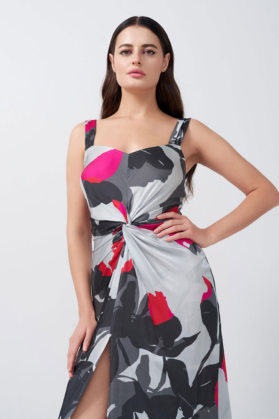 Multicolour Printed Knotted Long Dress