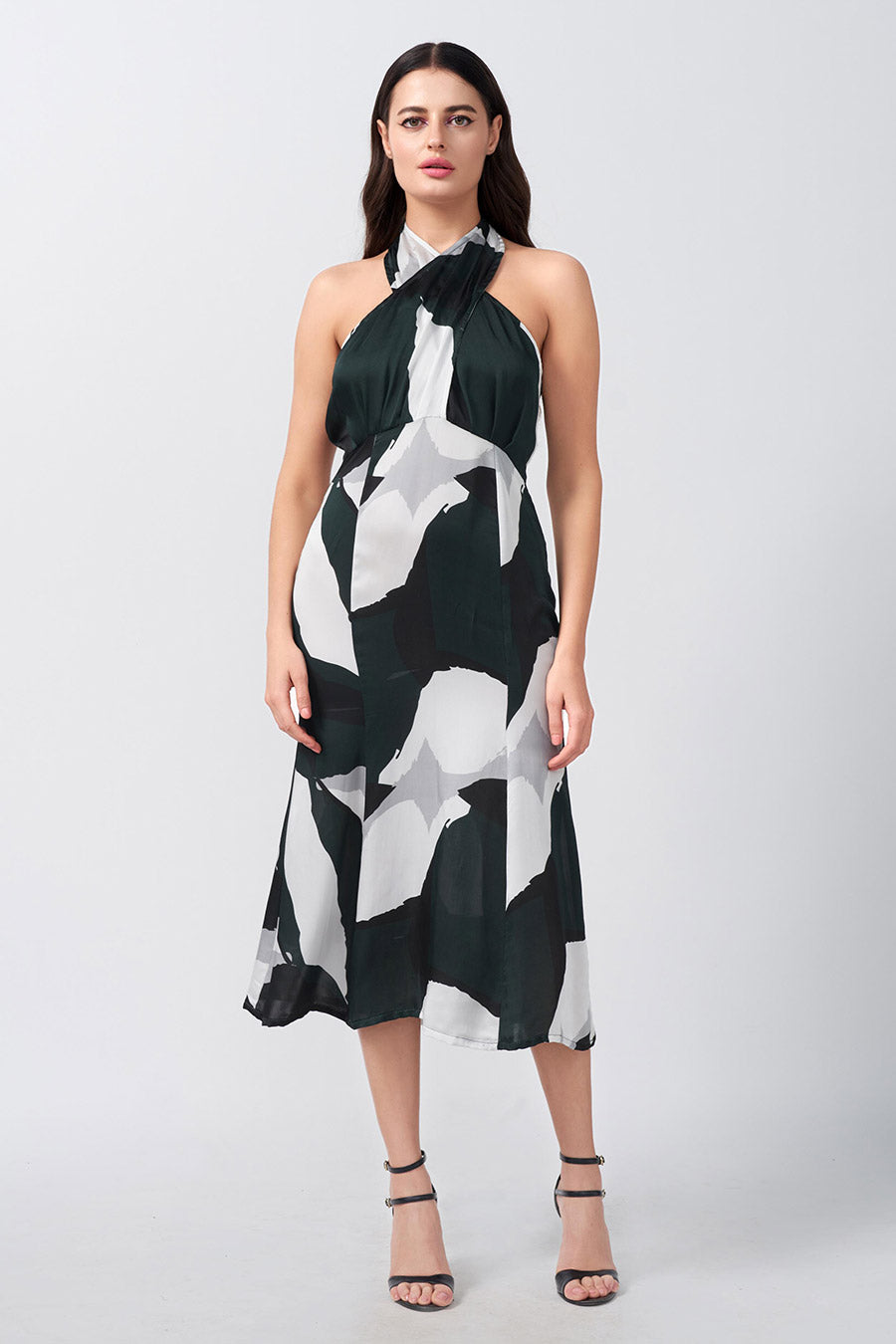 Dark Green Abstract Printed Halter Midi Dress