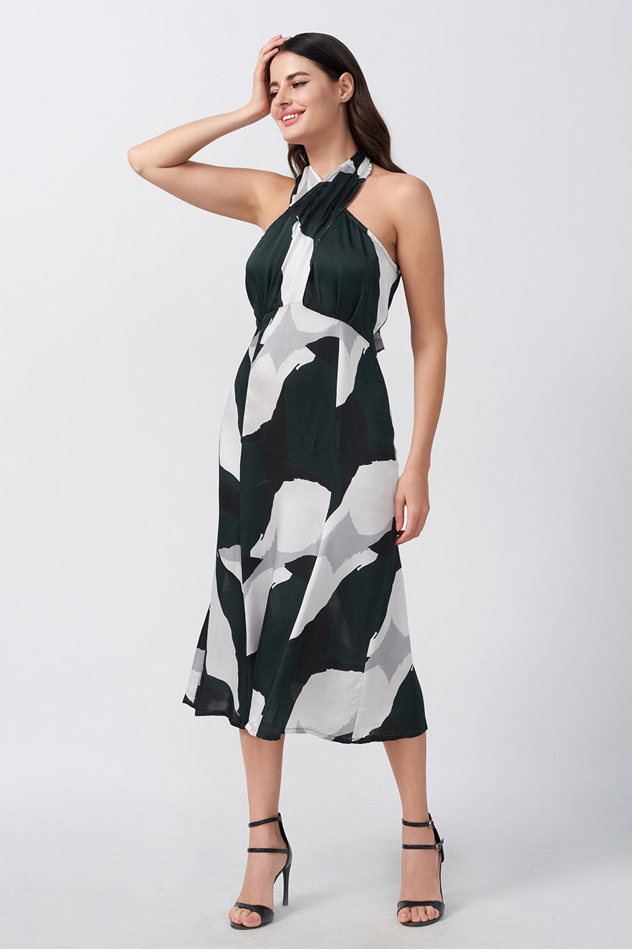 Dark Green Abstract Printed Halter Midi Dress