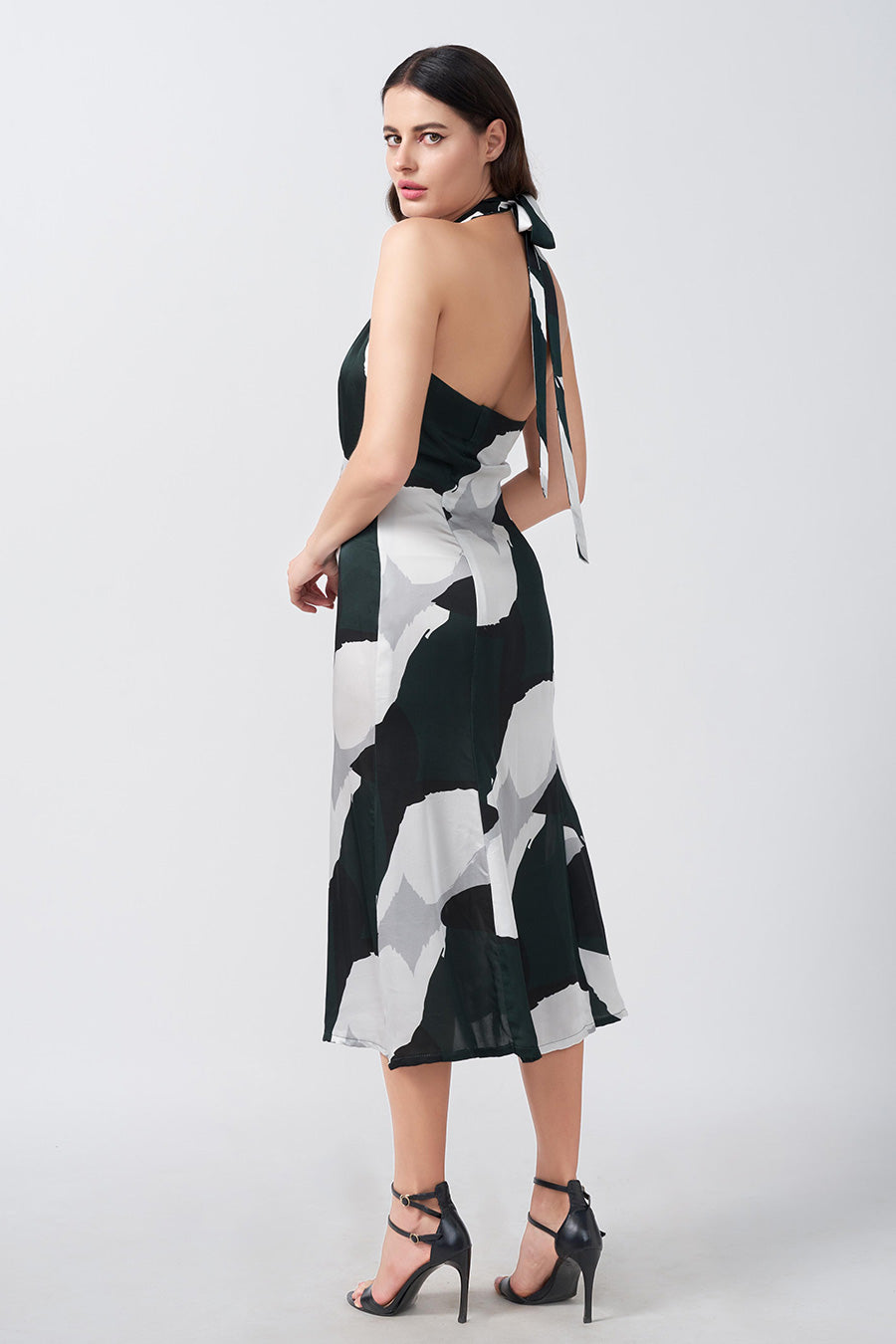 Dark Green Abstract Printed Halter Midi Dress