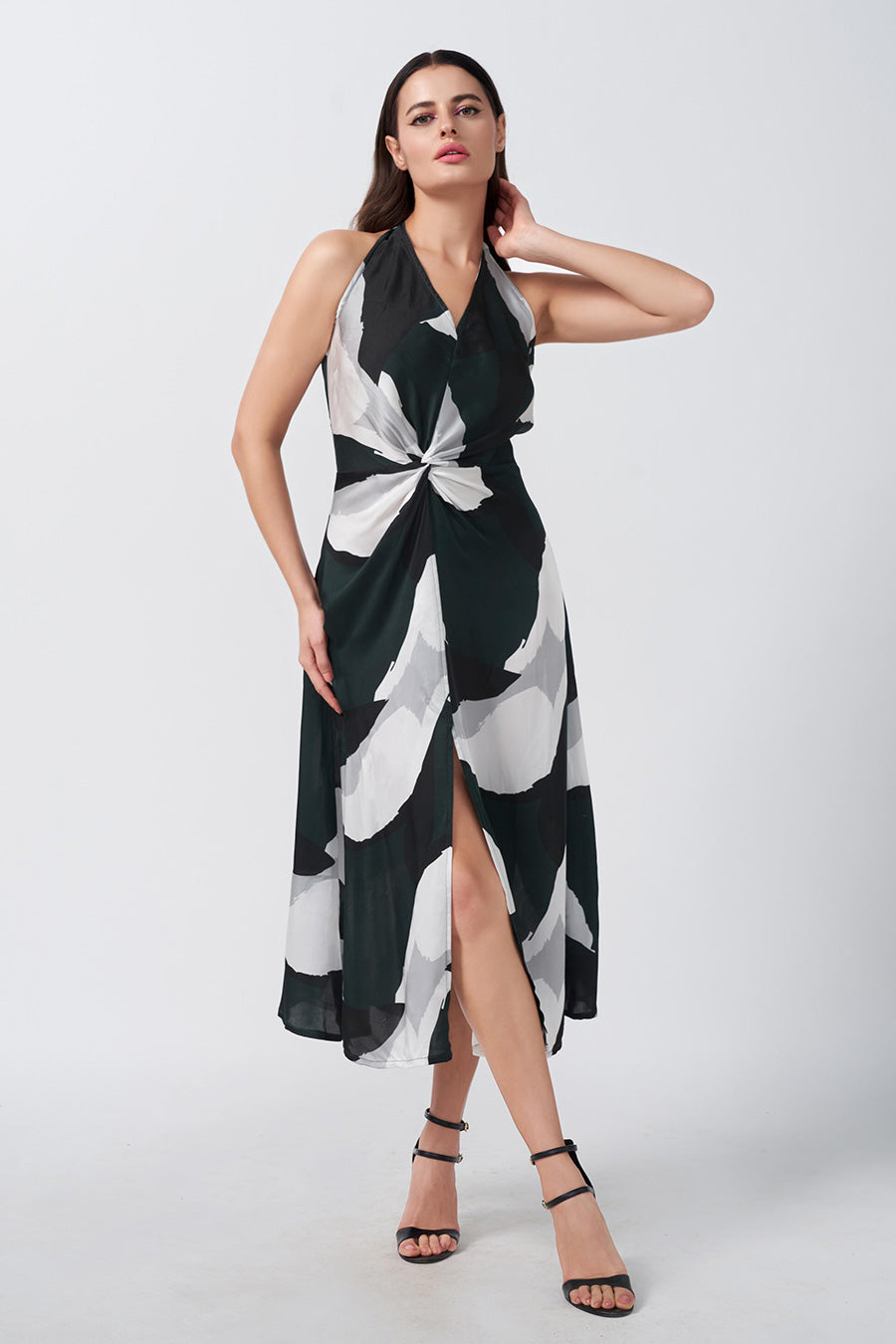 Dark Green Abstract Printed Knotted Midi Dress