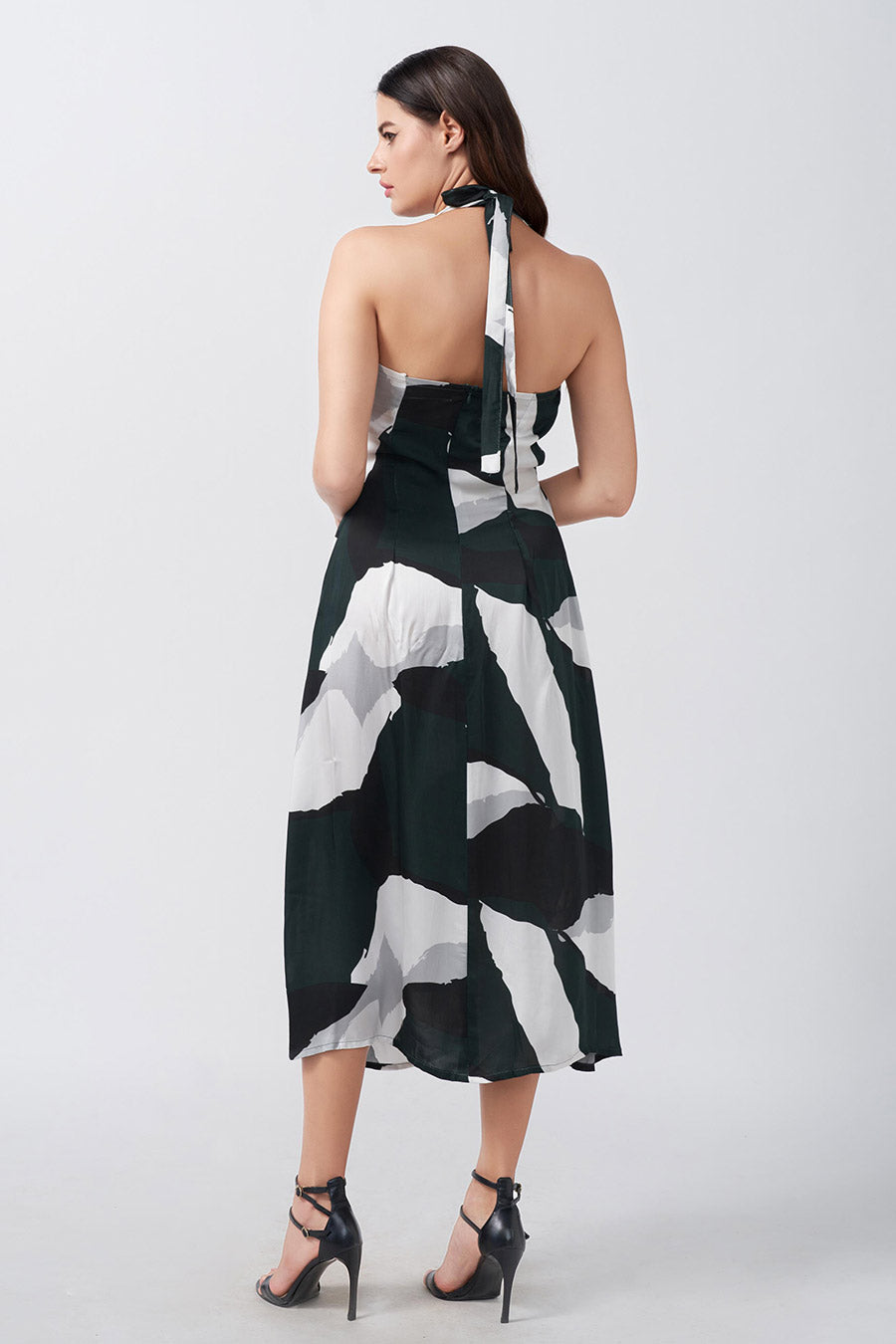 Dark Green Abstract Printed Knotted Midi Dress