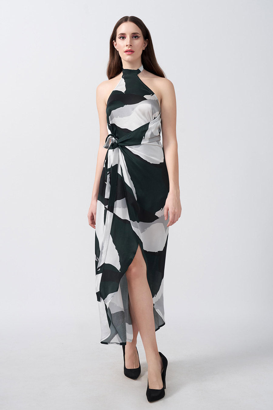 Dark Green Abstract Printed Asymmetric Dress