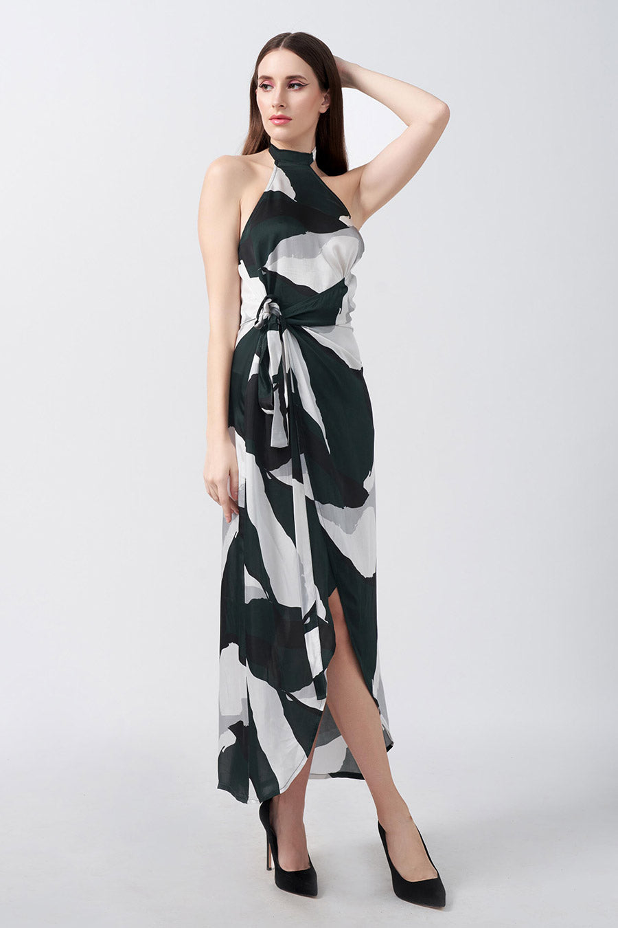 Dark Green Abstract Printed Asymmetric Dress