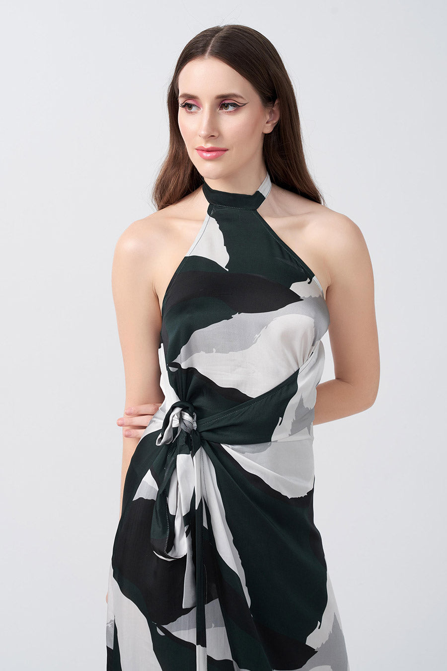 Dark Green Abstract Printed Asymmetric Dress