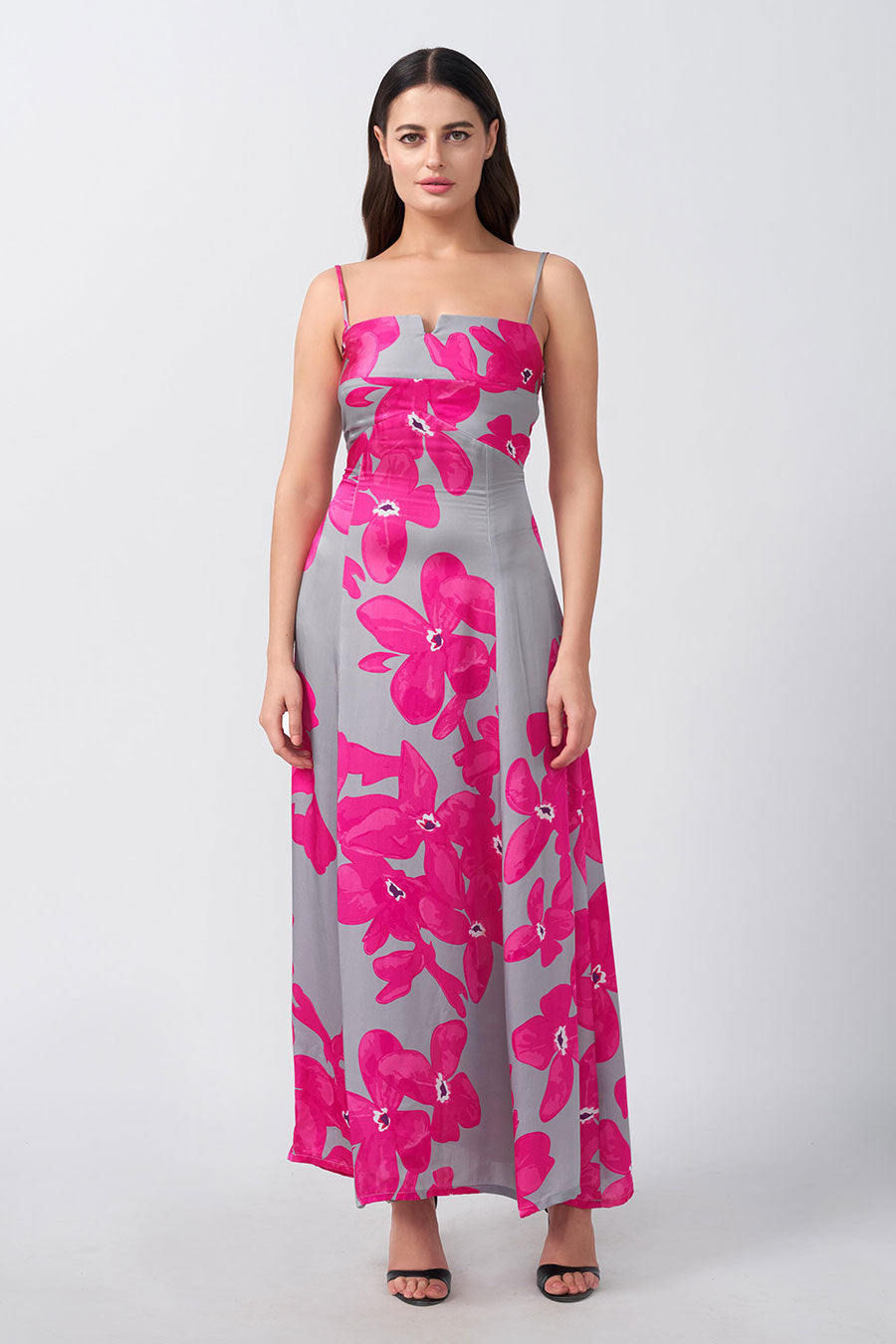 Pink & Grey Floral Printed Strap Long Dress
