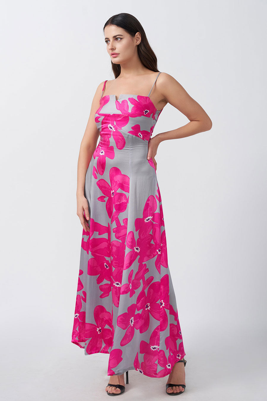 Pink & Grey Floral Printed Strap Long Dress