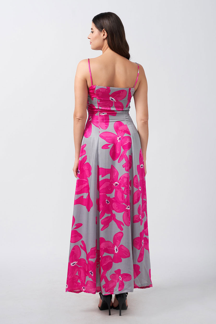 Pink & Grey Floral Printed Strap Long Dress