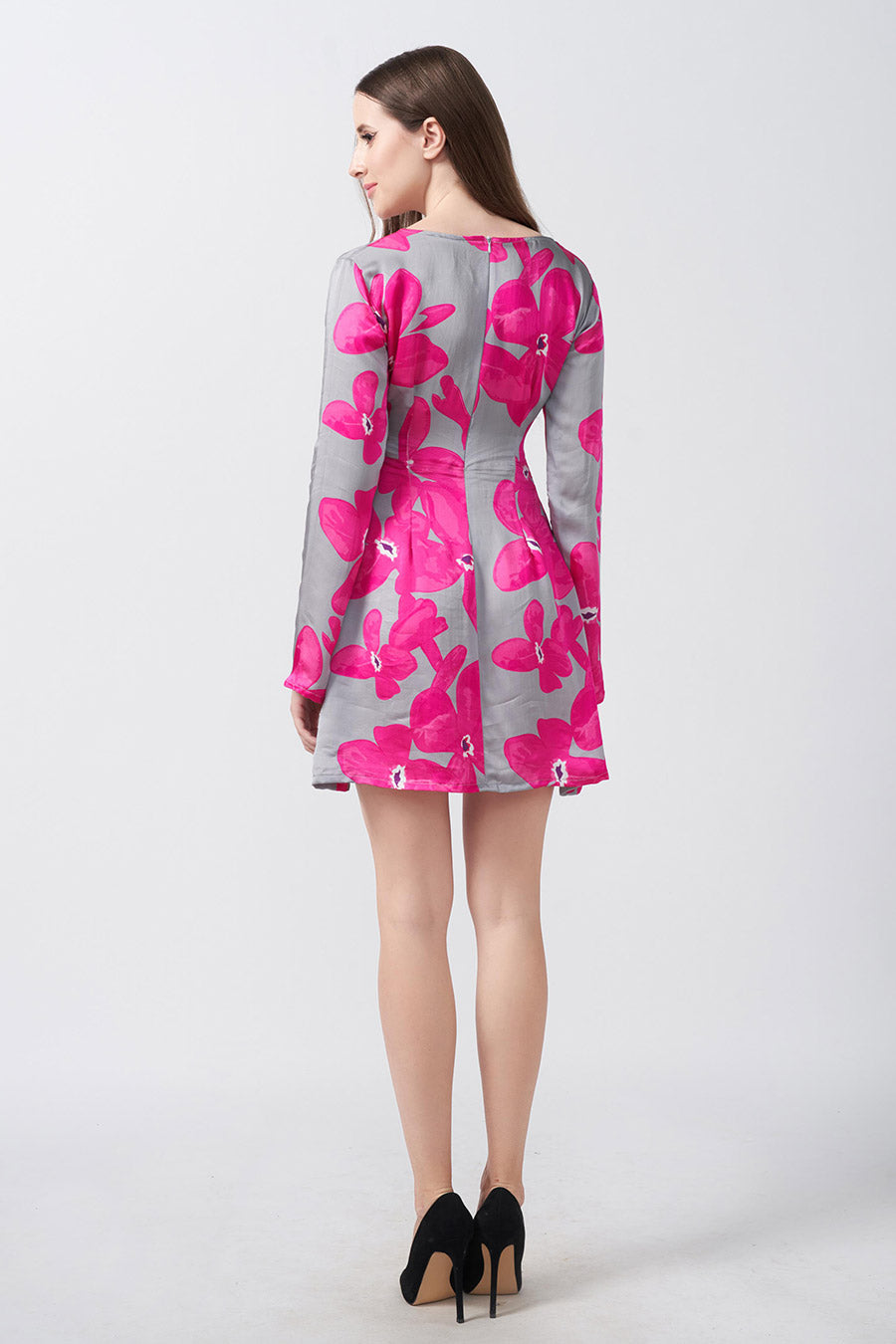 Pink & Grey Floral Printed Short Dress