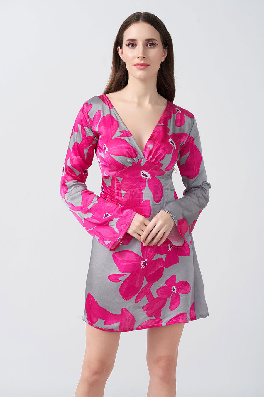 Pink & Grey Floral Printed Short Dress