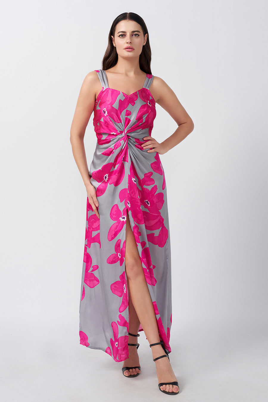 Pink & Grey Floral Printed Knotted Dress
