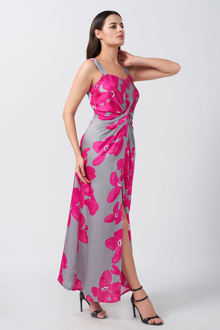 Pink & Grey Floral Printed Knotted Dress