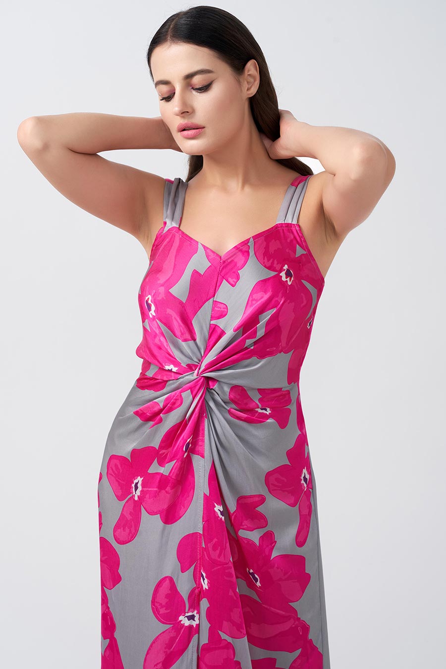 Pink & Grey Floral Printed Knotted Dress