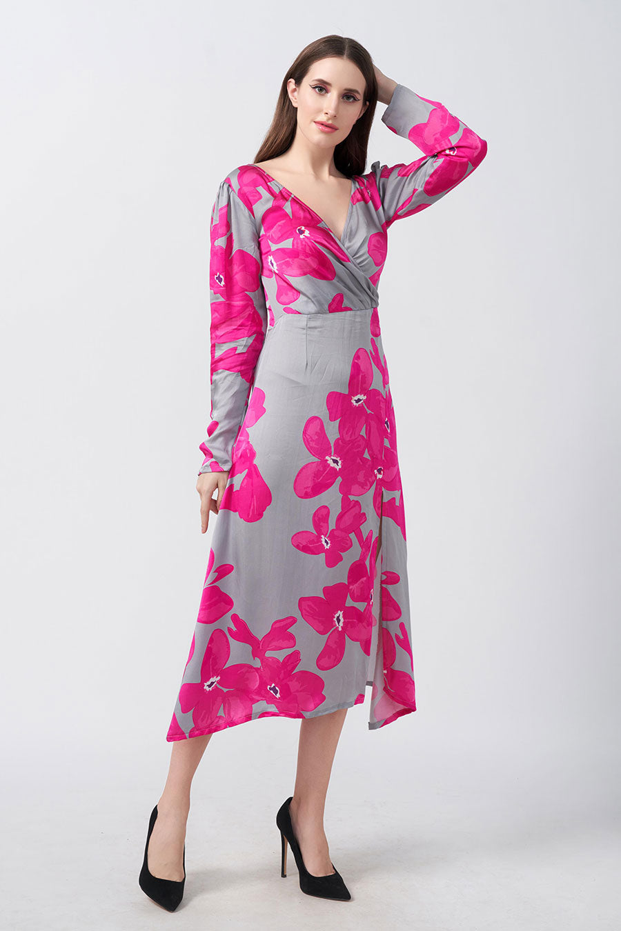 Pink & Grey Floral Printed Overlap Dress