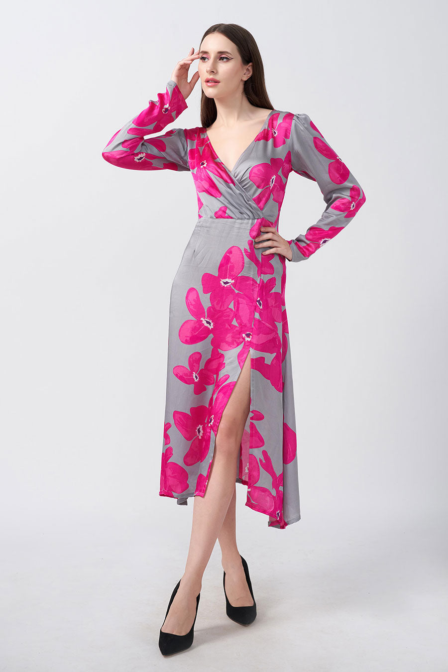 Pink & Grey Floral Printed Overlap Dress