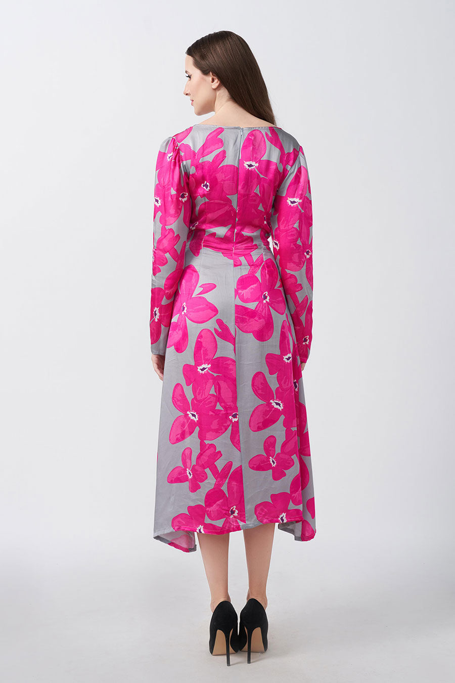 Pink & Grey Floral Printed Overlap Dress