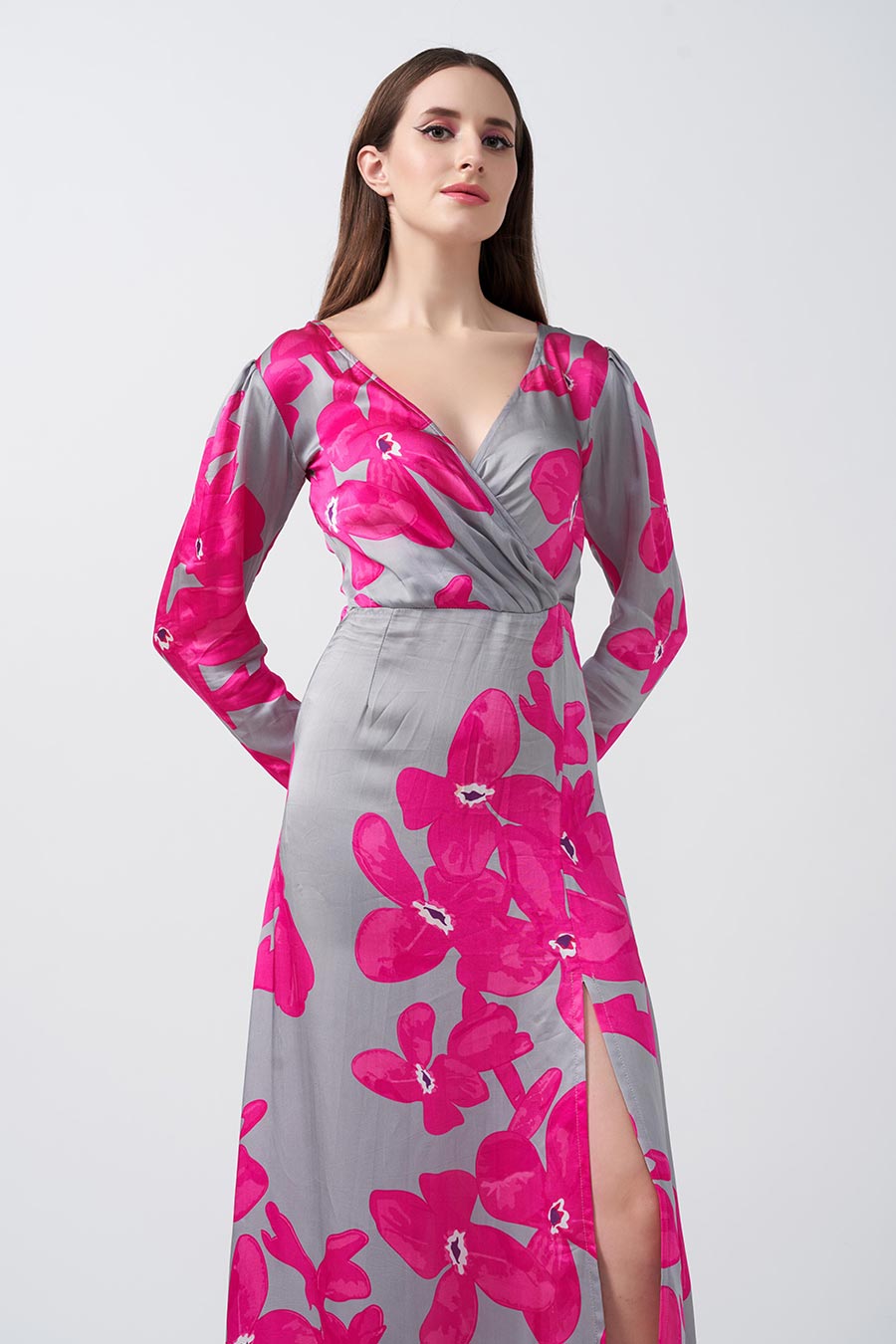 Pink & Grey Floral Printed Overlap Dress