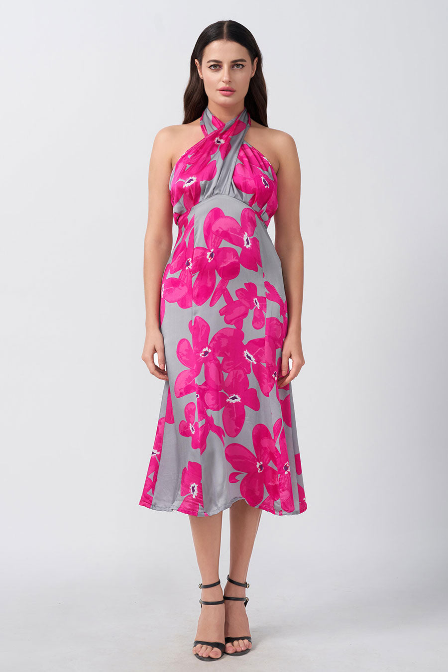Pink & Grey Floral Printed Halter Dress