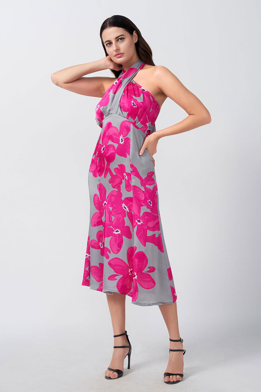 Pink & Grey Floral Printed Halter Dress