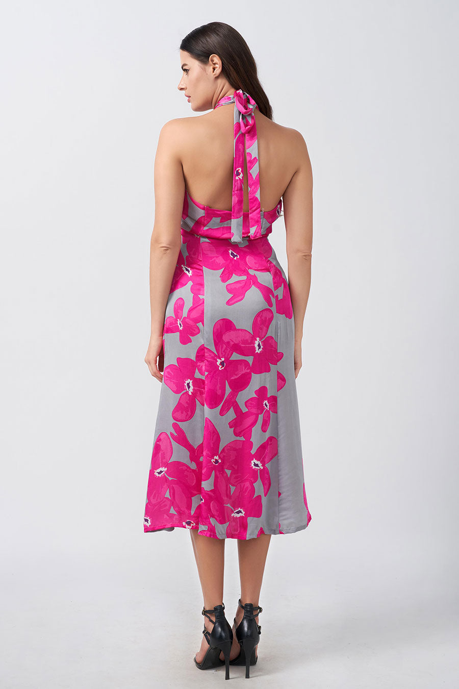 Pink & Grey Floral Printed Halter Dress