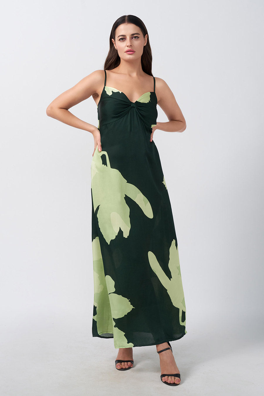 Green Floral Printed Strap Long Dress
