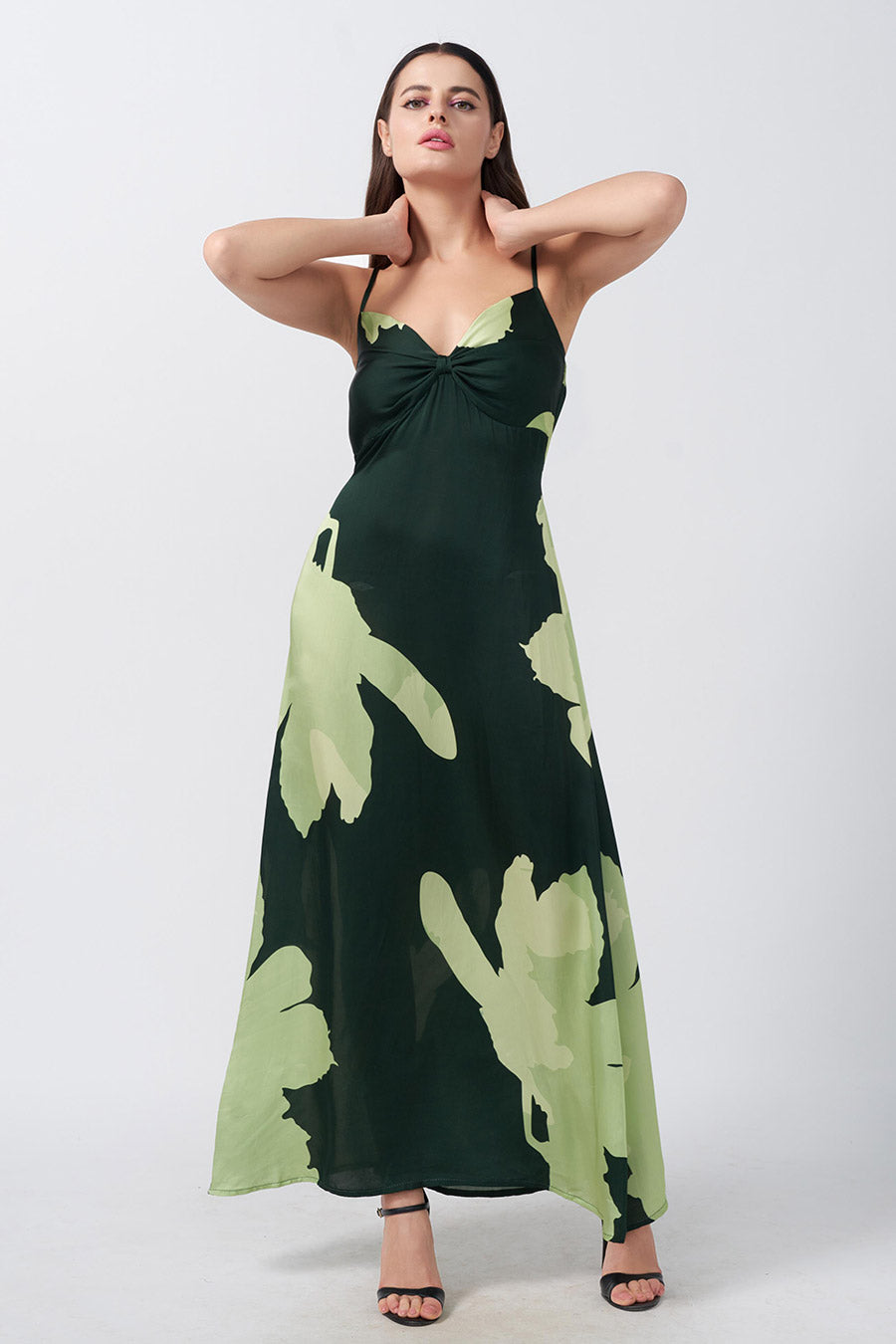 Green Floral Printed Strap Long Dress