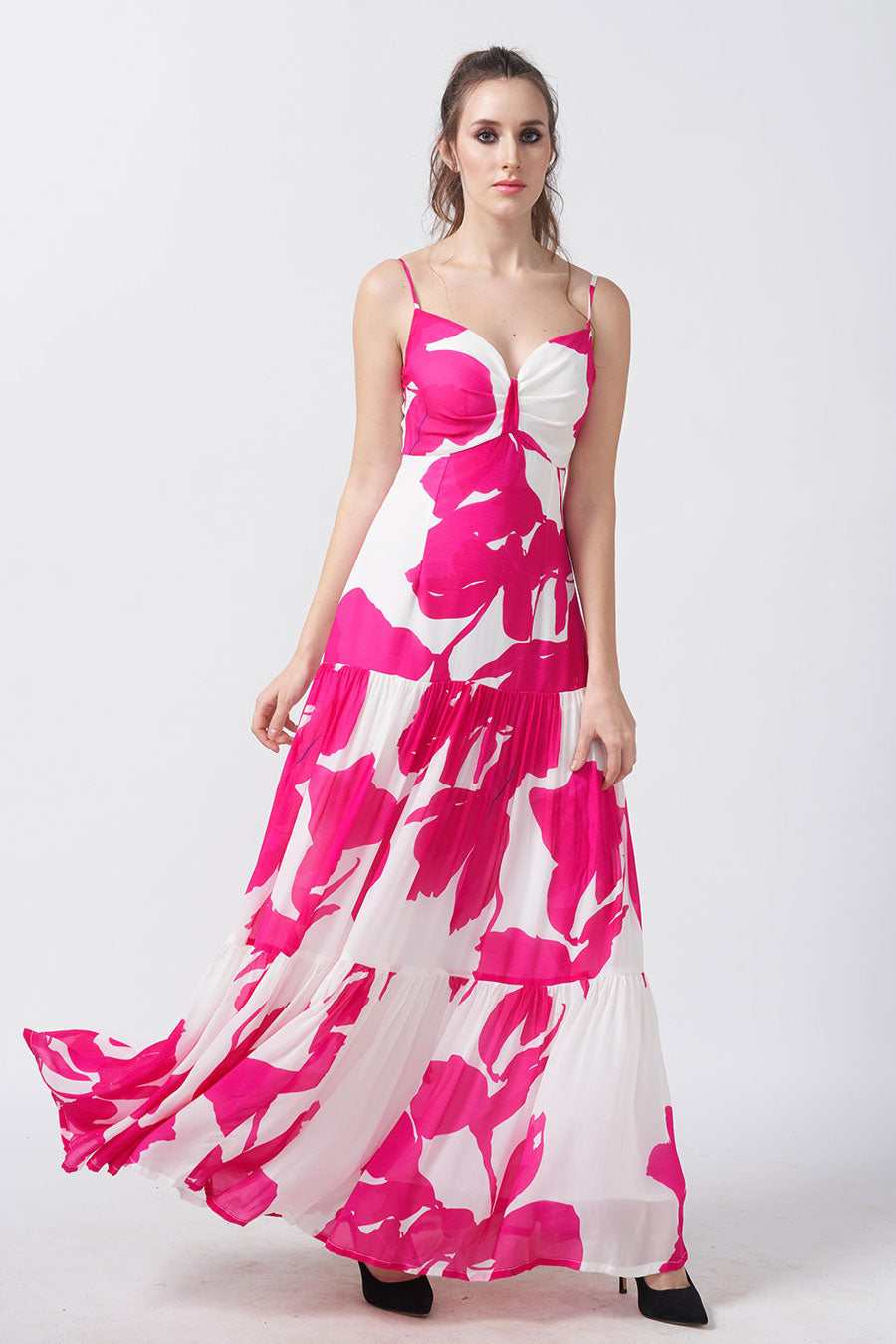 Pink & White Floral Printed Tiered Dress