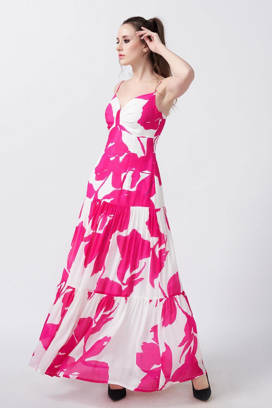 Pink & White Floral Printed Tiered Dress