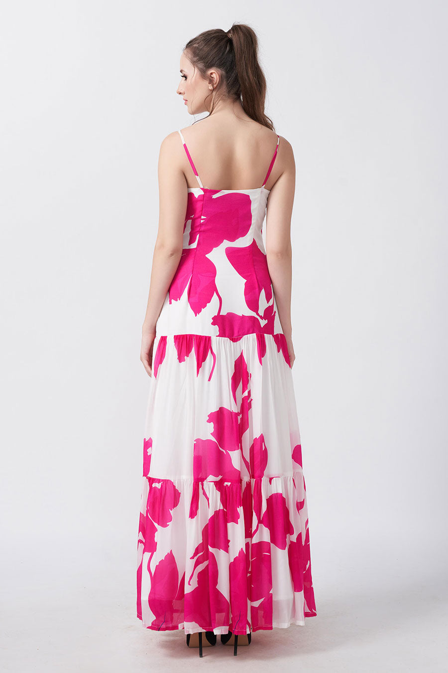 Pink & White Floral Printed Tiered Dress