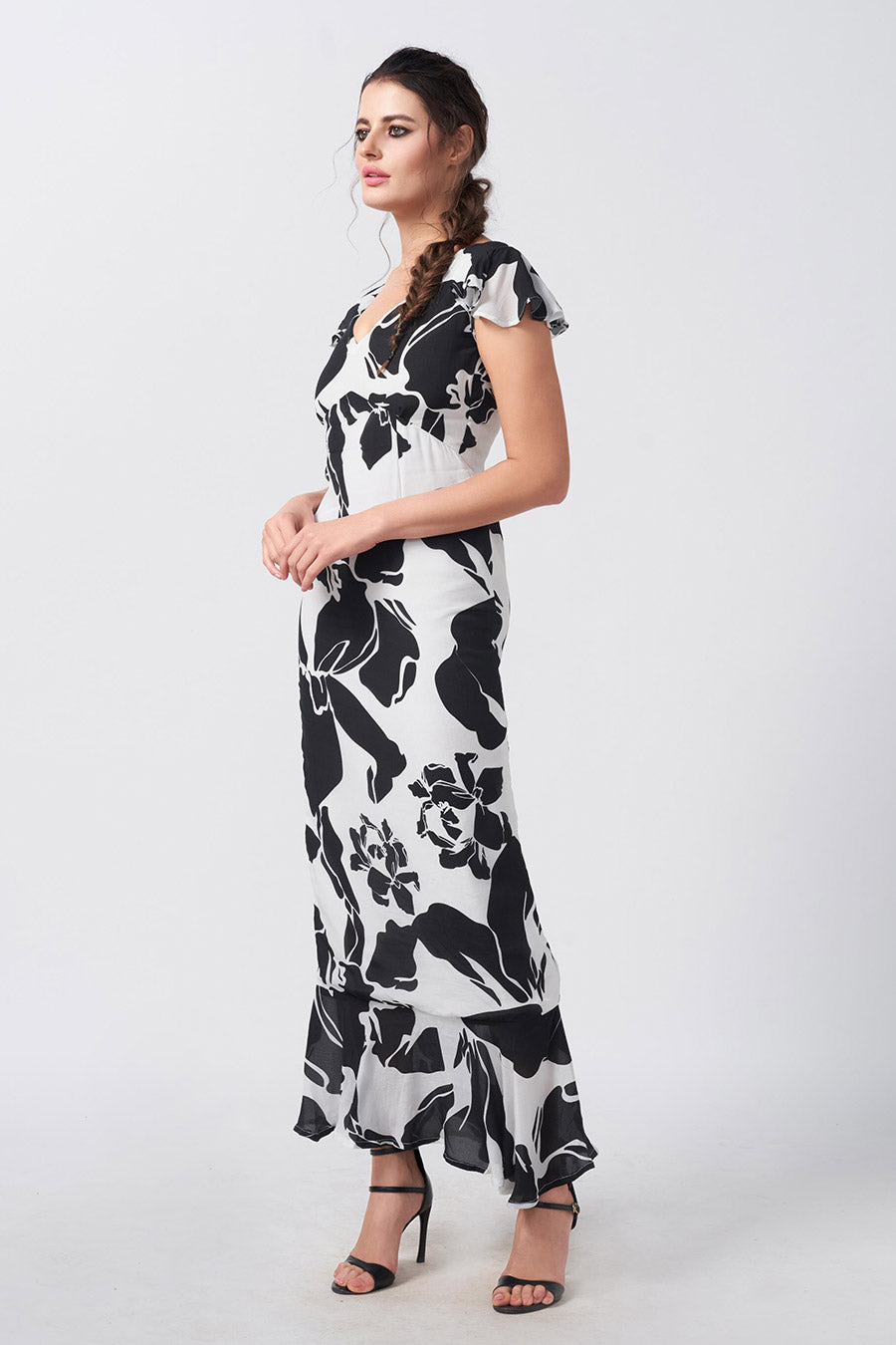 Black & White Floral Printed Long Dress