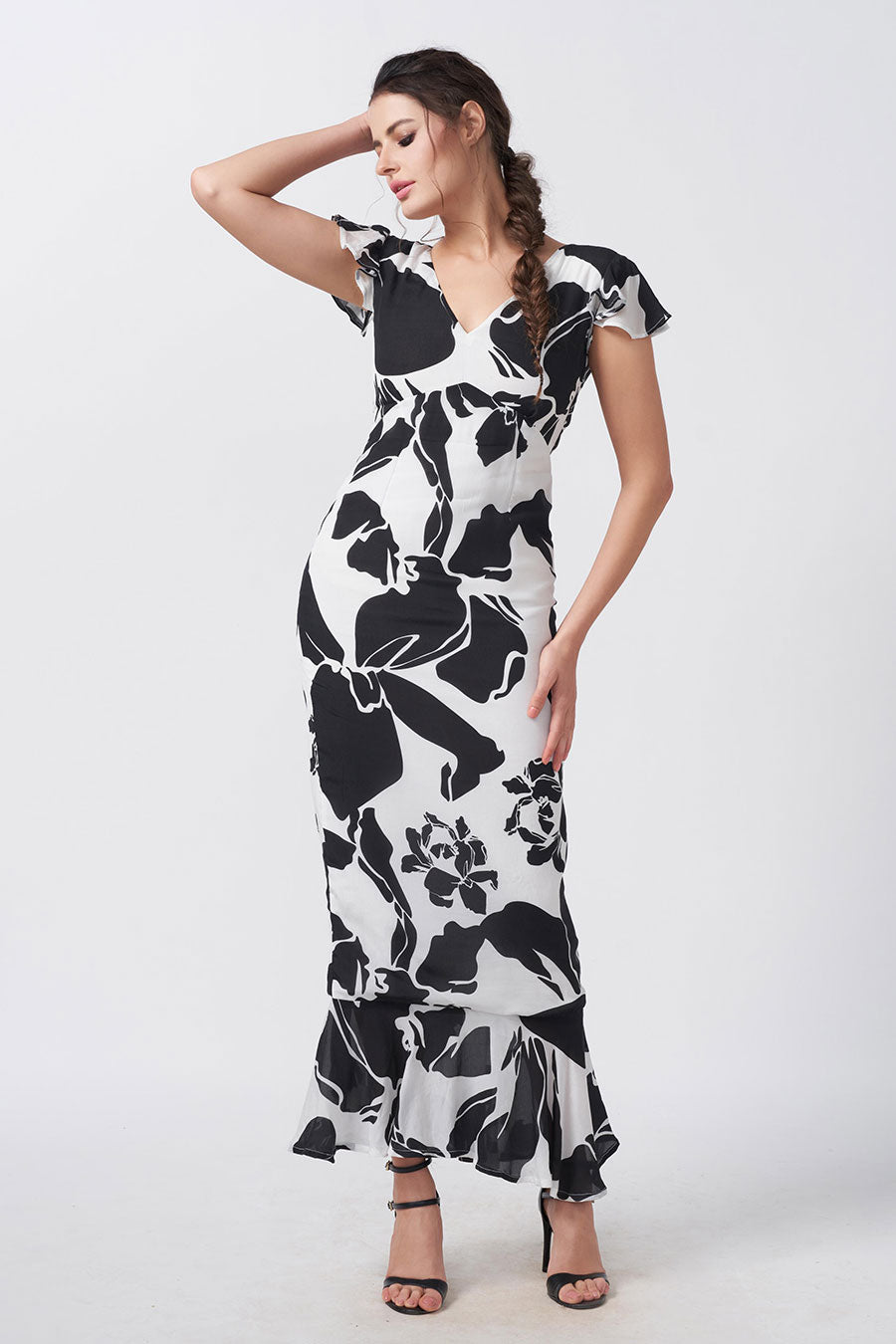 Black & White Floral Printed Long Dress