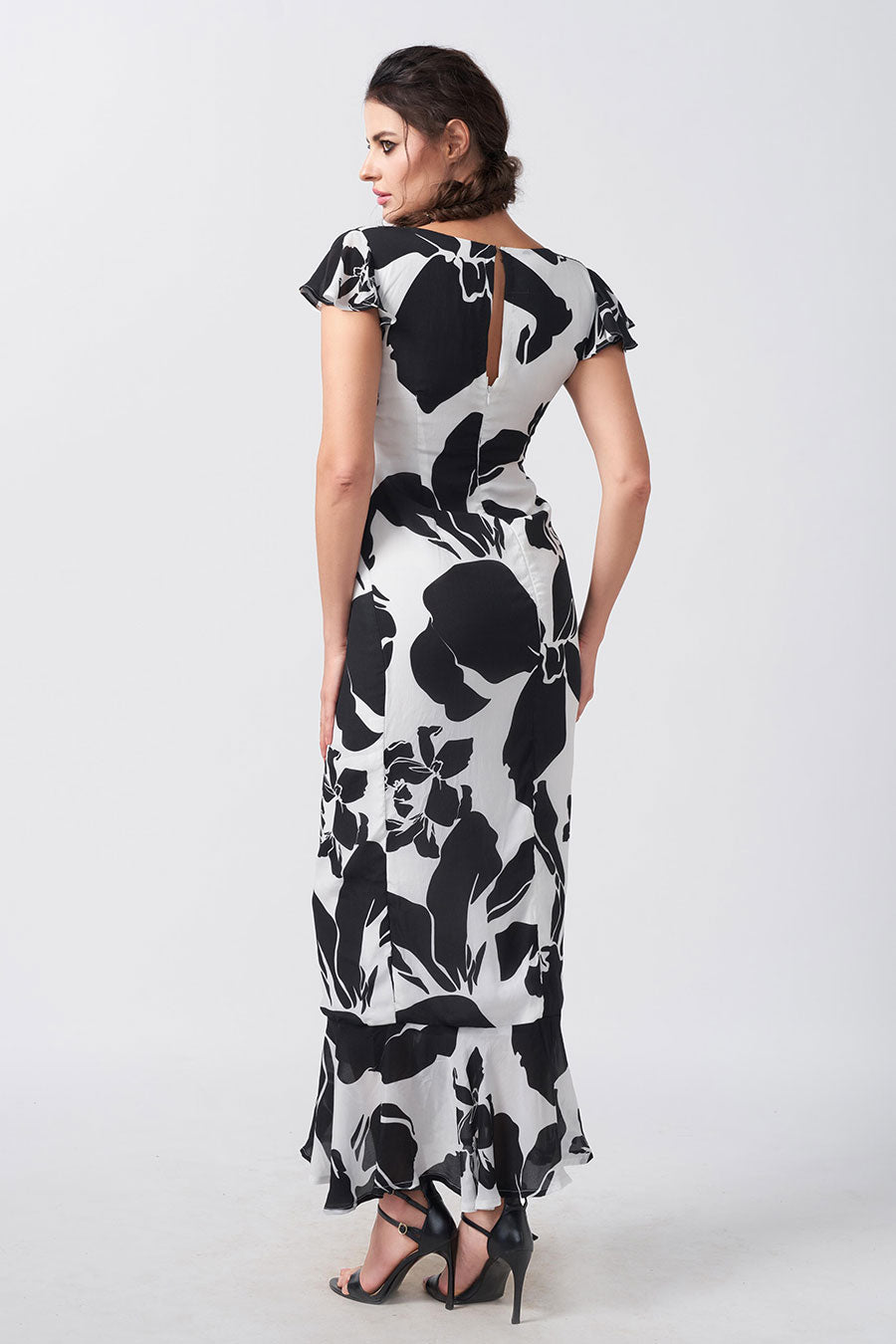 Black & White Floral Printed Long Dress