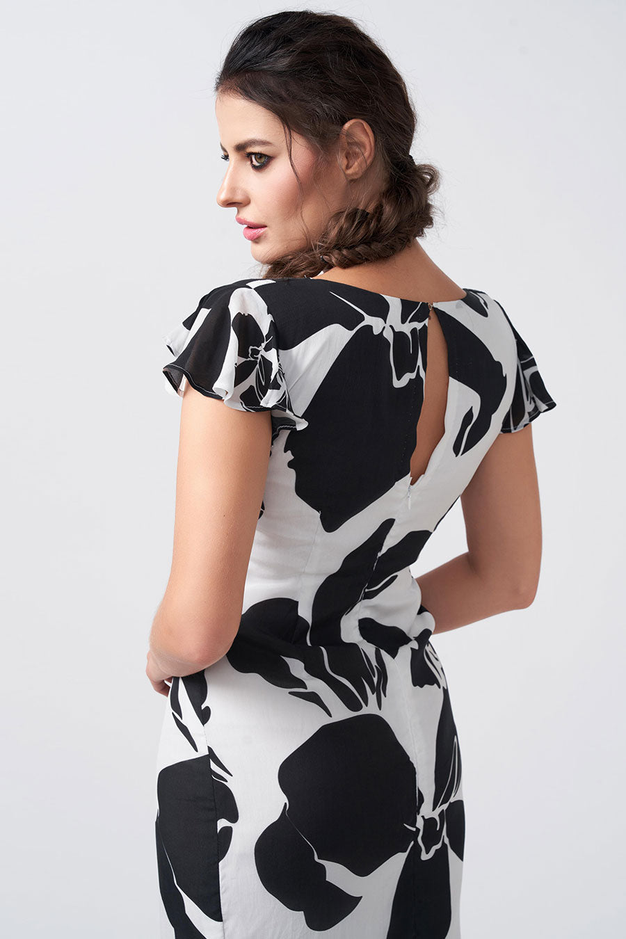 Black & White Floral Printed Long Dress