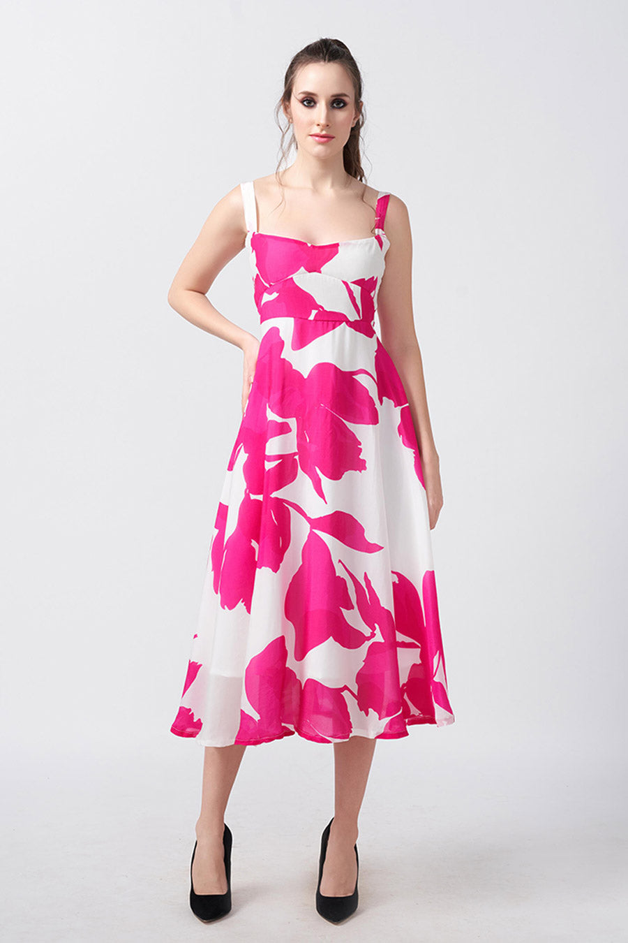 Pink & White Floral Printed Strap Midi Dress