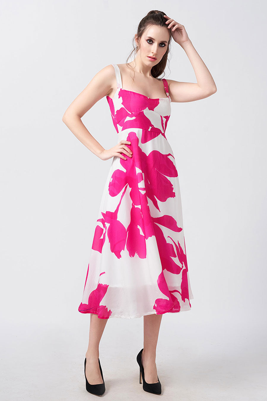 Pink & White Floral Printed Strap Midi Dress