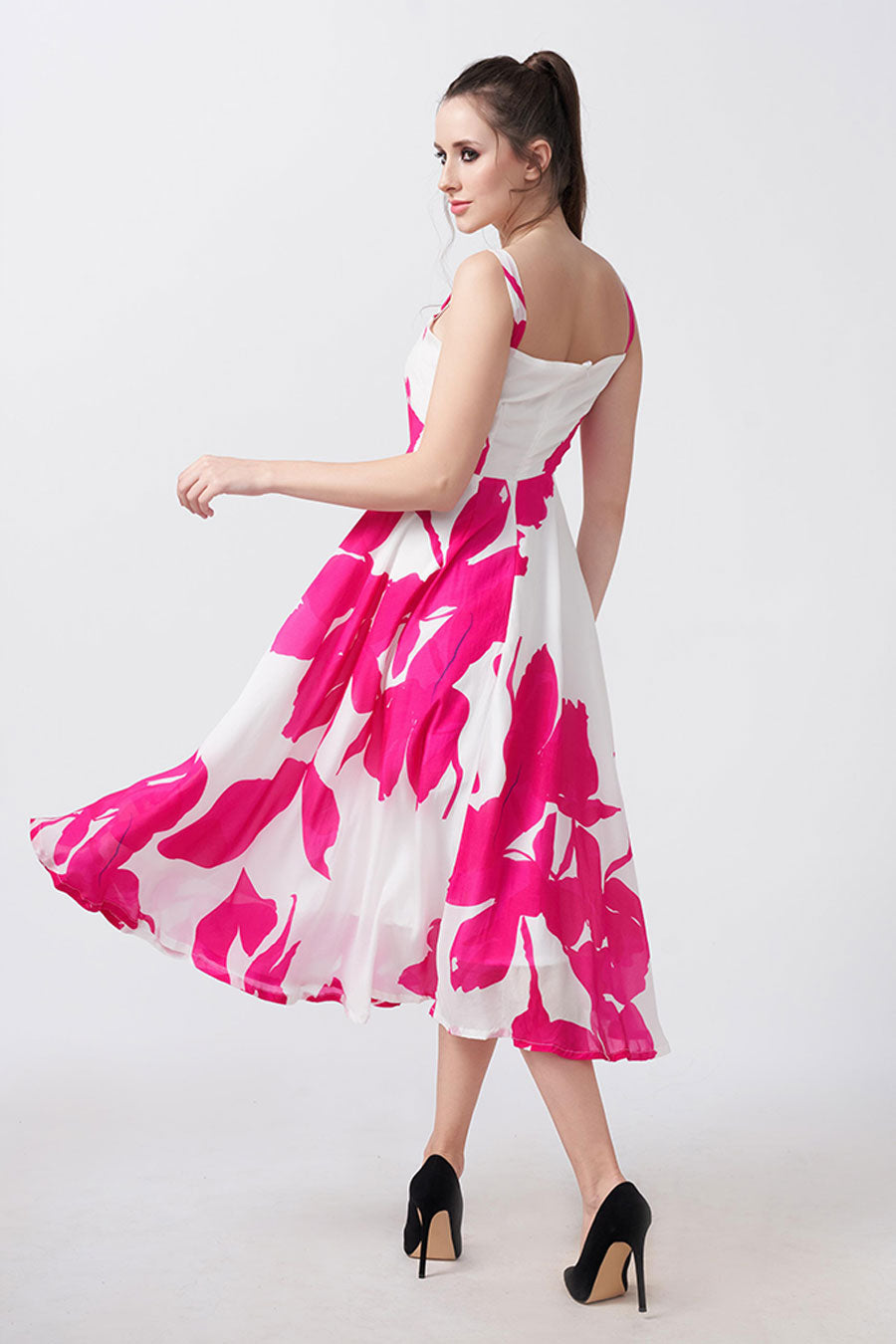Pink & White Floral Printed Strap Midi Dress