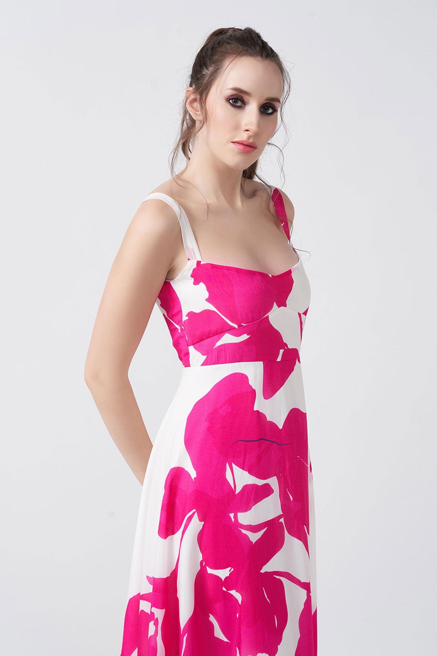 Pink & White Floral Printed Strap Midi Dress
