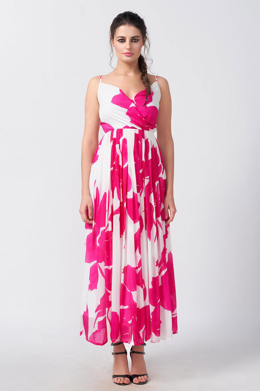 Pink & White Floral Printed Overlap Dress