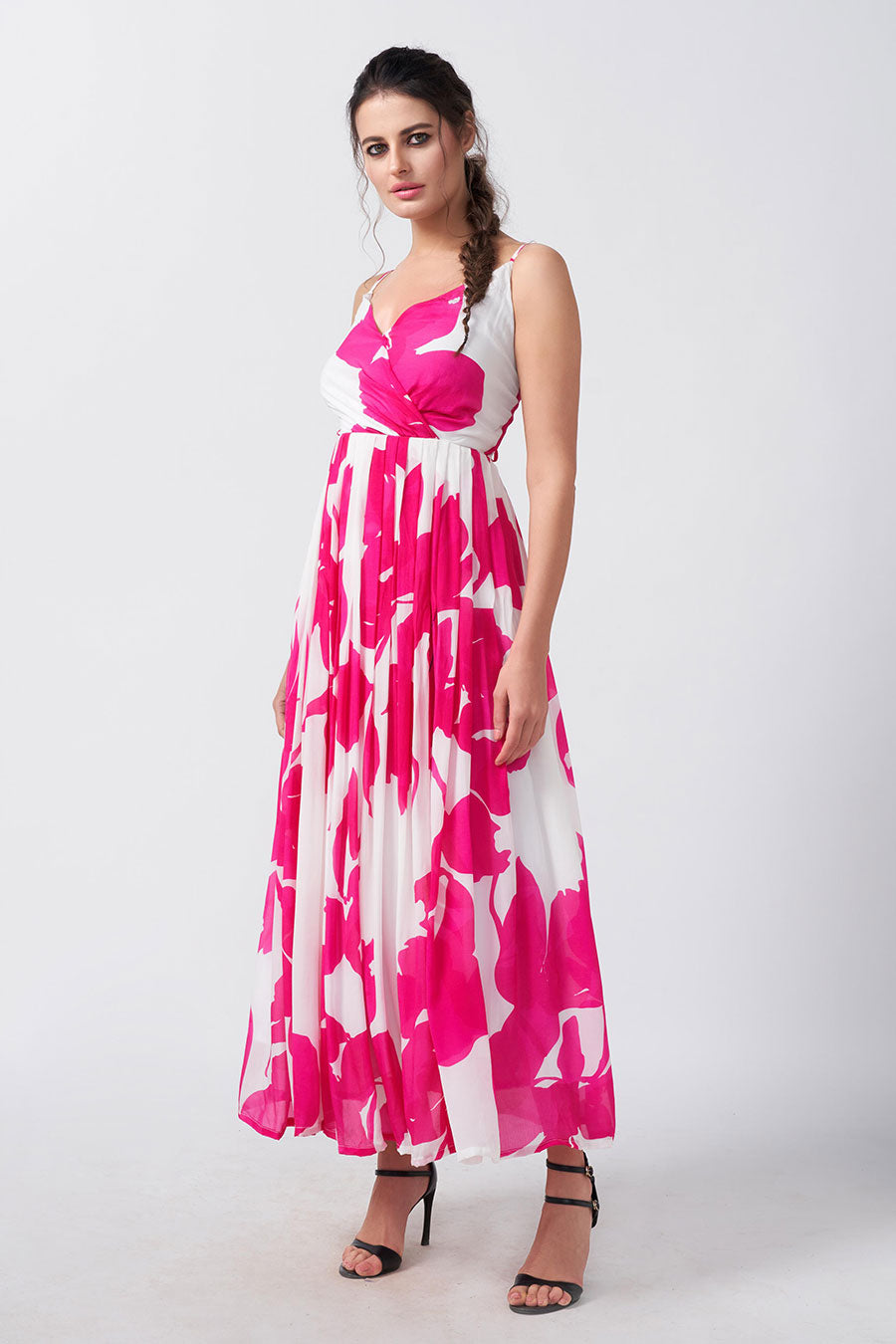 Pink & White Floral Printed Overlap Dress