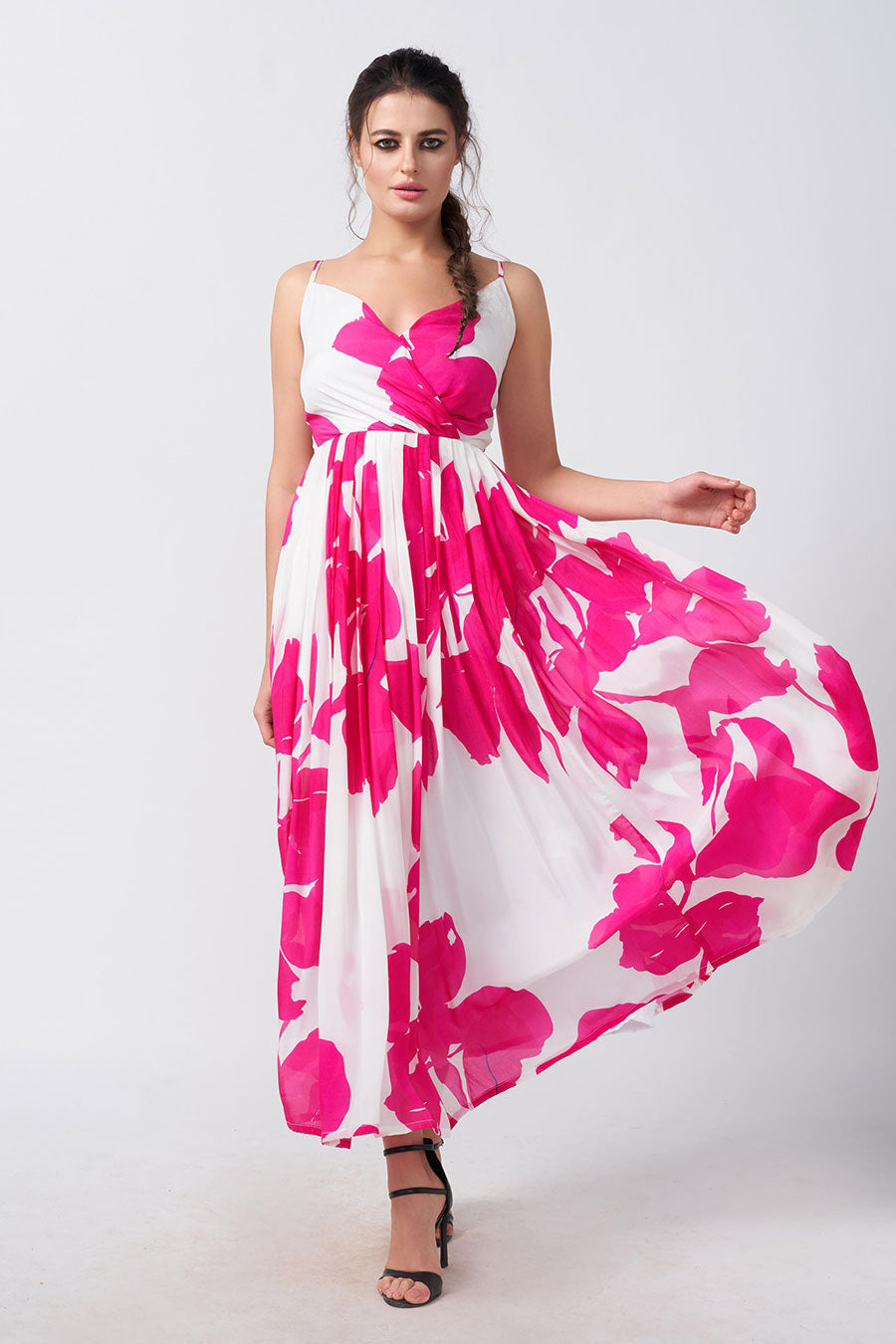 Pink & White Floral Printed Overlap Dress