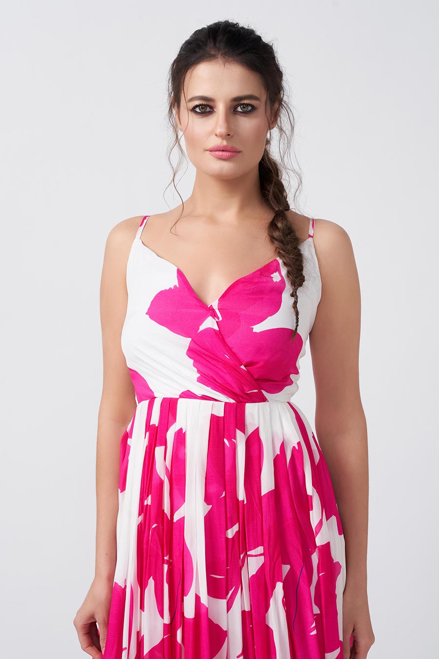 Pink & White Floral Printed Overlap Dress